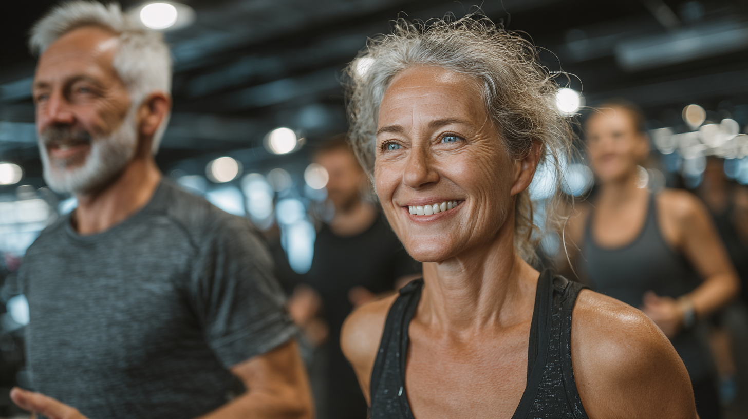 Boldog idősebb pár sportolás közben